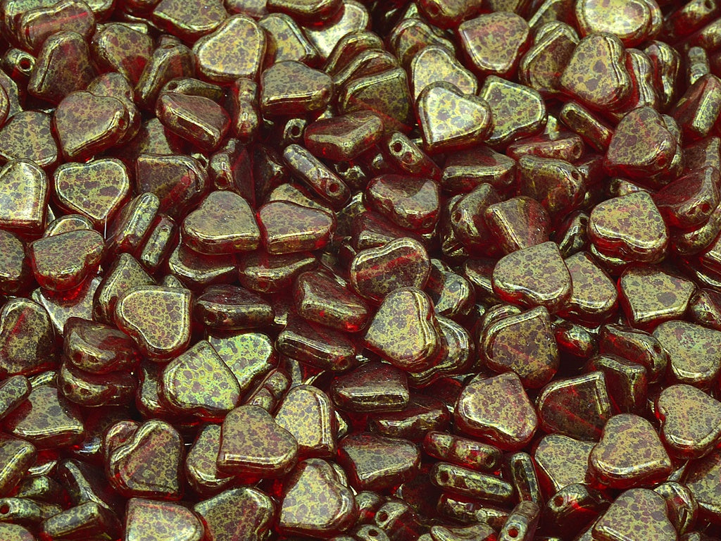 Flat Heart Beads Side Hole, Ruby Red Terracotta Red (90080-15495), Glass, Czech Republic