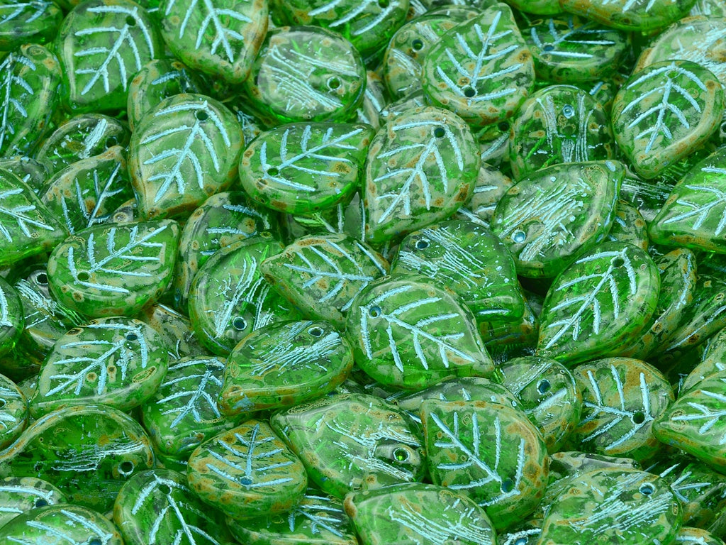 Apple Leaf Beads, Transparent Green Travertin Light Blue Lined (50020-86800-54308), Glass, Czech Republic