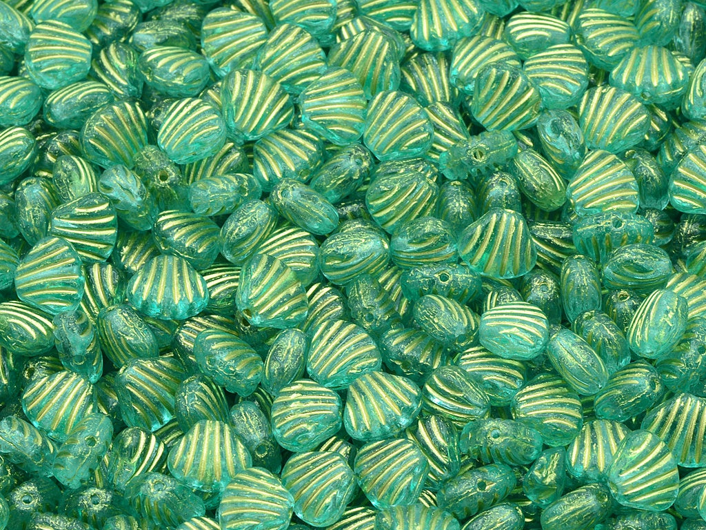 Small Flat Shell Beads, Crystal Gold Lined Light Turquoise (00030-54302-34309), Glass, Czech Republic
