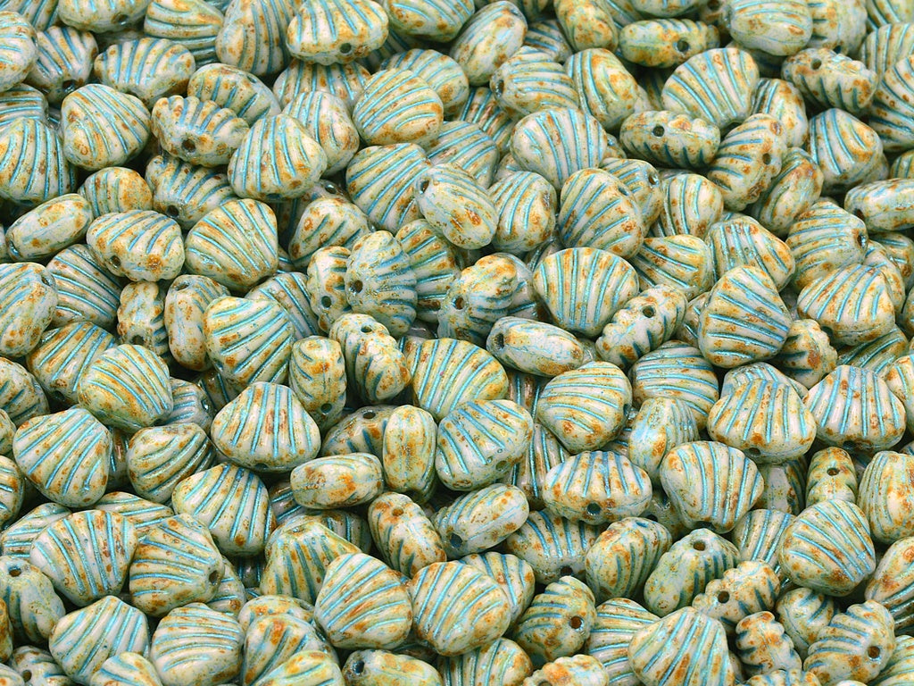 Small Flat Shell Beads, Chalk White Travertin Light Blue Lined (03000-86800-43811), Glass, Czech Republic