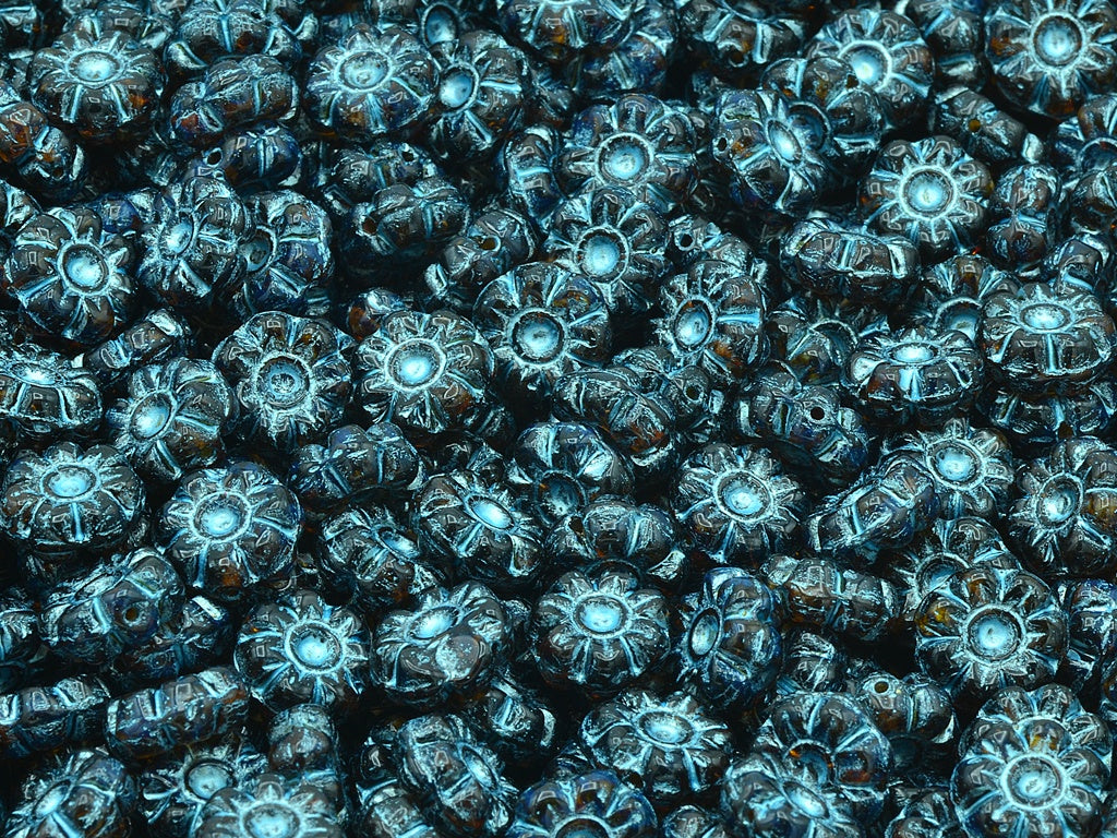 Flat Flower Beads, Transparent Orange Travertin Light Blue Lined (10060-86800-54308), Glass, Czech Republic