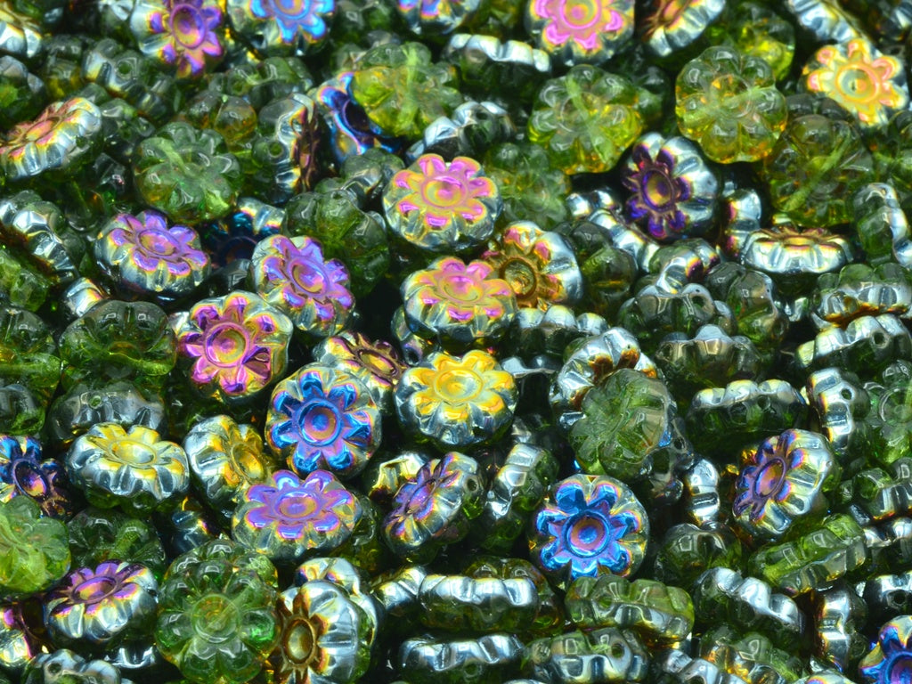 Flat Flower Beads, Transparent Green 28009 (50230-28009), Glass, Czech Republic