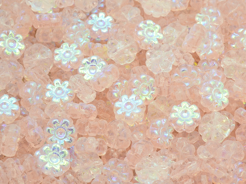 Flat Flower Beads, Transparent Pink Ab (70110-28701), Glass, Czech Republic