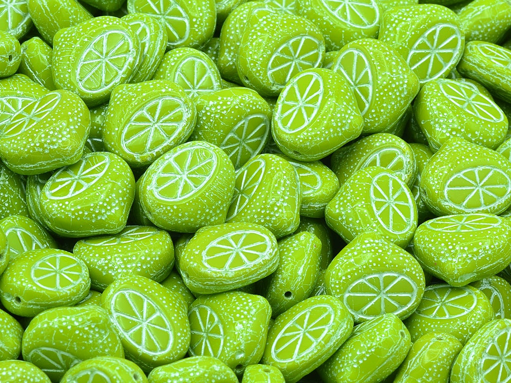 Flat Lemon Half Beads, Opaque Green White Lined (53400-54312), Glass, Czech Republic