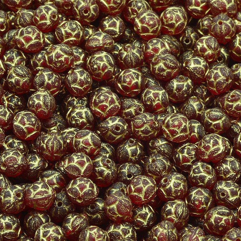 Rose Beads, Ruby Red Matte Gold Lined (90080-84110-54202), Glass, Czech Republic