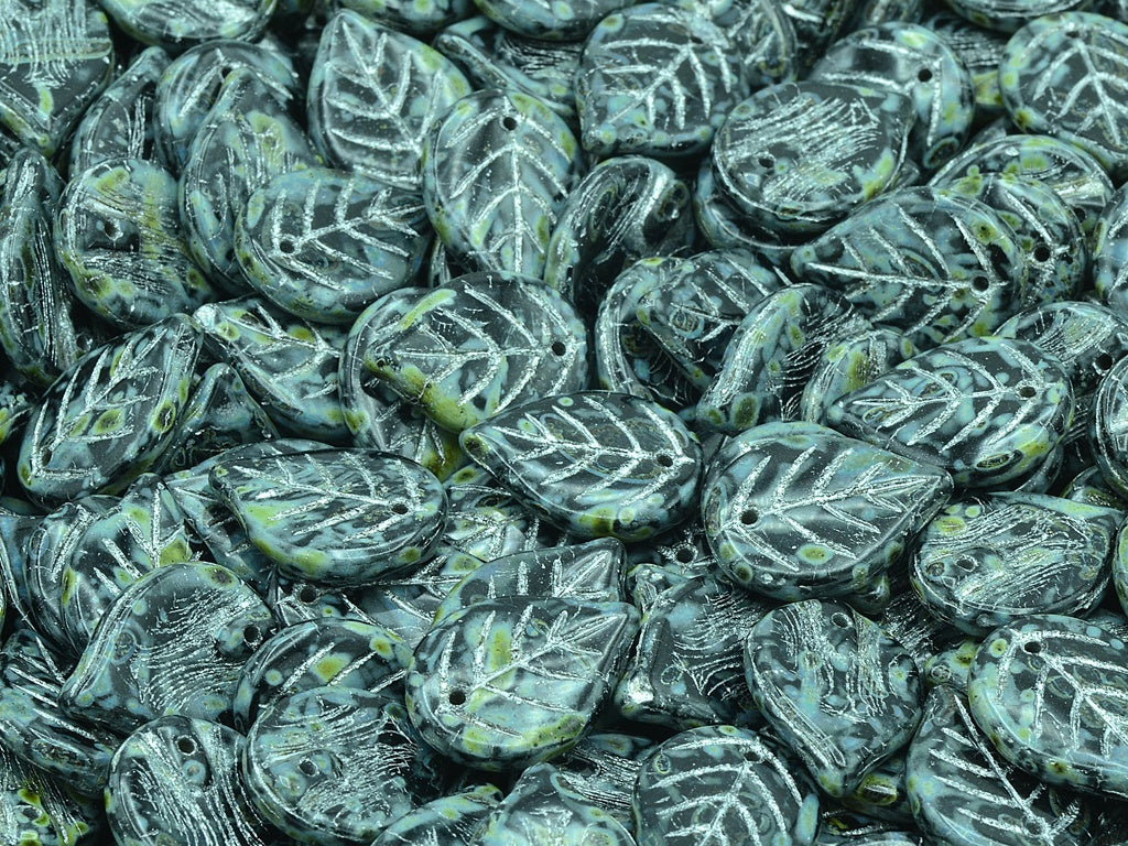 Apple Leaf Beads, Black Travertin Silver Lined (23980-86800-54201), Glass, Czech Republic