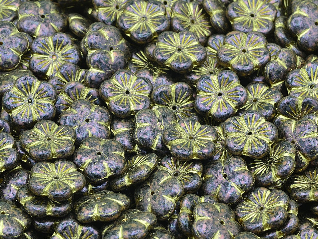 Cherry Flower Beads, Black Red Iridiscent Gold Lined (23980-86944-54302), Glass, Czech Republic
