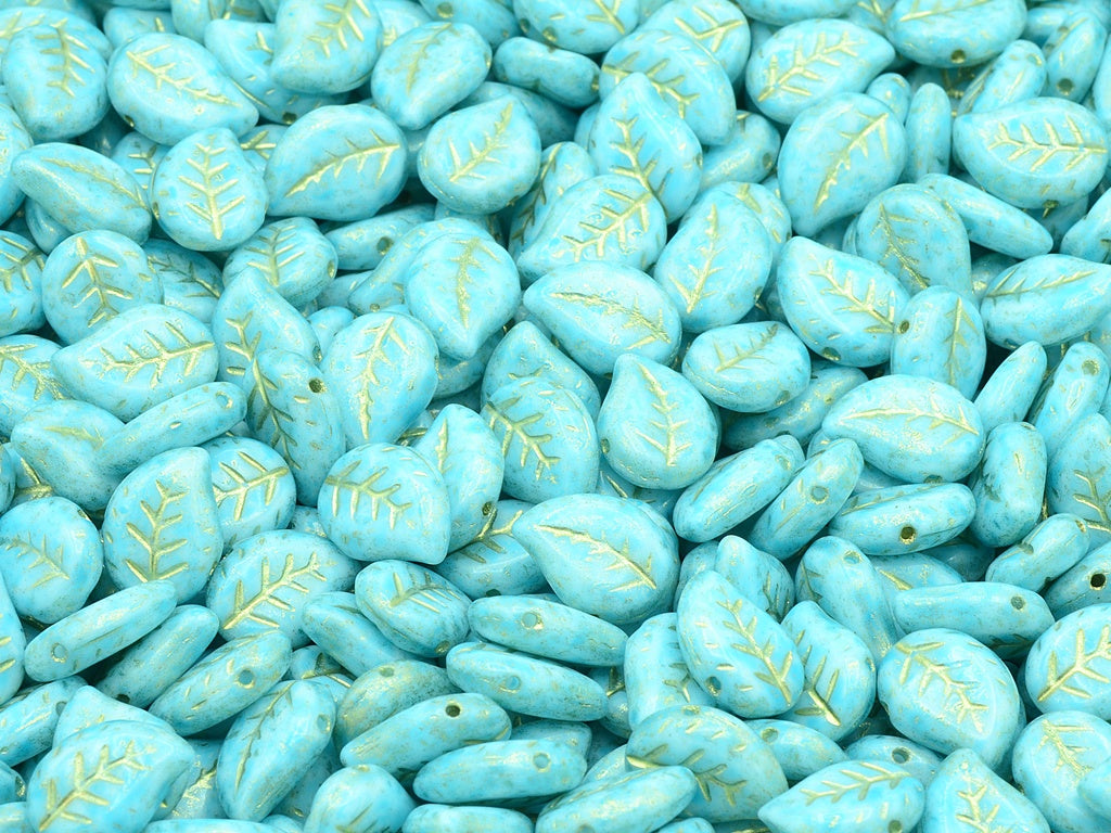 Nice Leaf Beads, Chalk White Gold Lined Light Aqua Blue (03000-54302-34308), Glass, Czech Republic