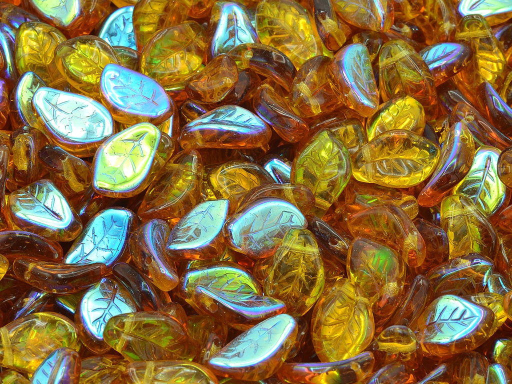 Wavy Leaf Beads, Transparent Orange Ab (10080-28701), Glass, Czech Republic