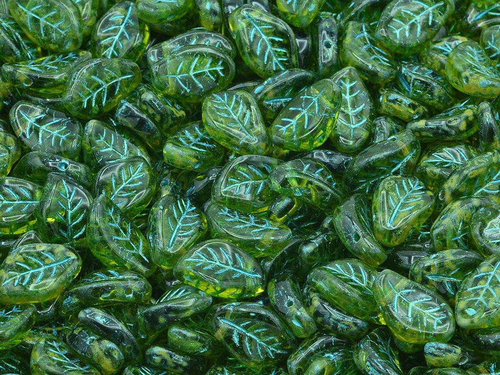 Wavy Leaf Beads, Transparent Green Travertin Light Blue Lined (50230-86800-43811), Glass, Czech Republic