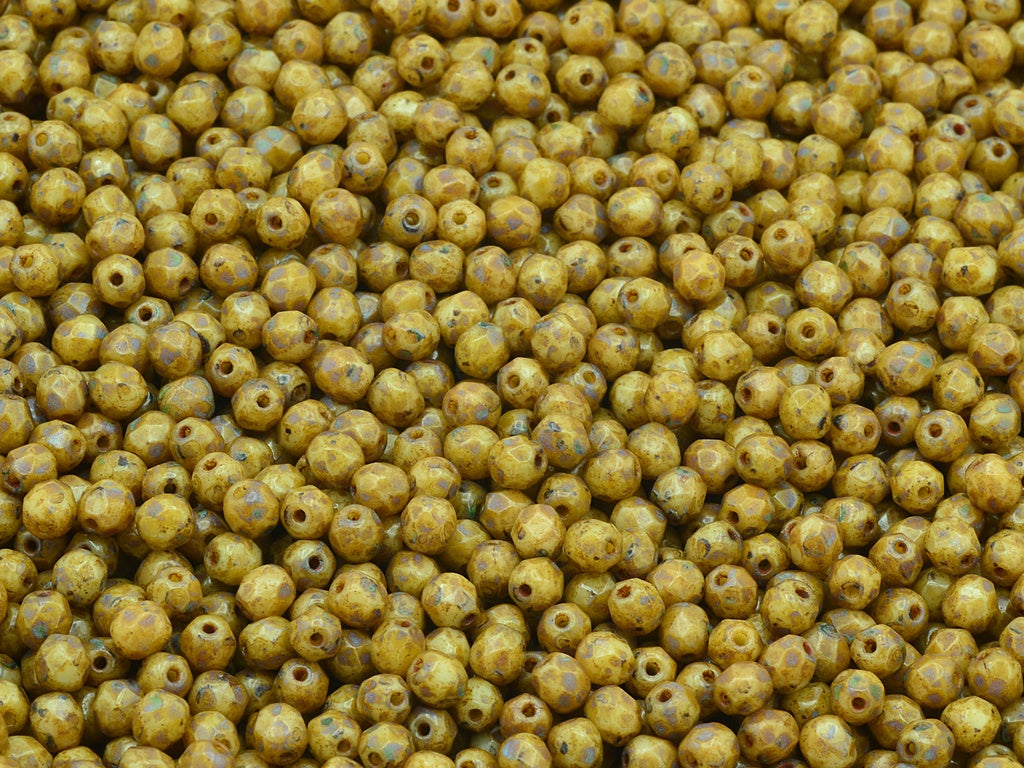 Faceted Round Fire Polished Beads, Opaque Beige Travertin (13010-86800), Glass, Czech Republic