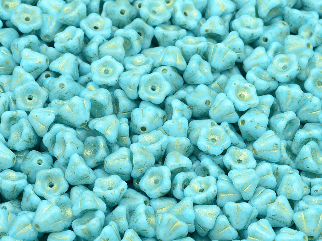 Bell Flower Beads, Chalk White Gold Lined Light Aqua Blue (03000-54202-34308), Glass, Czech Republic