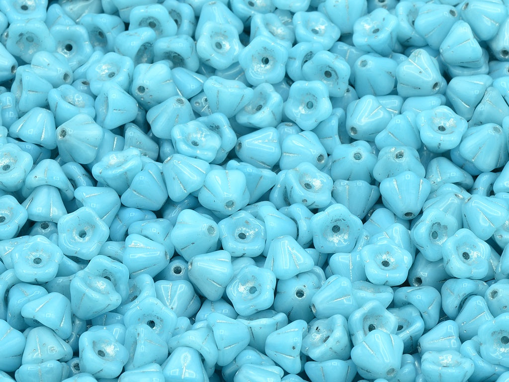 Bell Flower Beads, Opal Aqua Silver Lined (61000-54201), Glass, Czech Republic