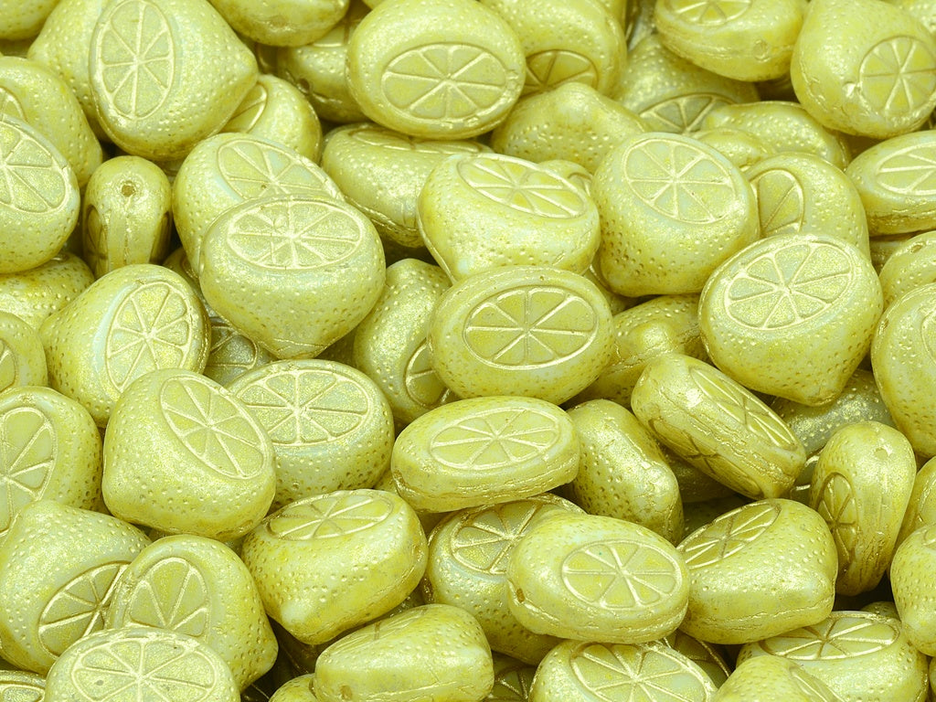 Flat Lemon Half Beads, Chalk White Light Yellow Gold Lined (03000-34302-54302), Glass, Czech Republic