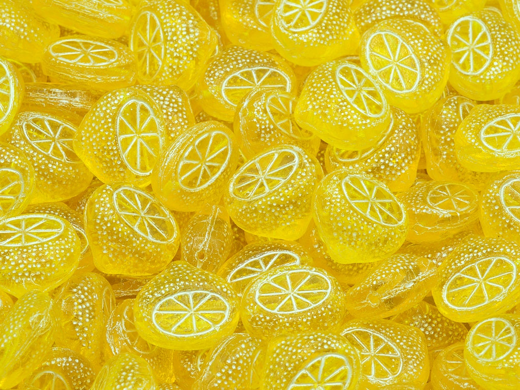 Flat Lemon Half Beads, Transparent Yellow White Lined (80010-54312), Glass, Czech Republic