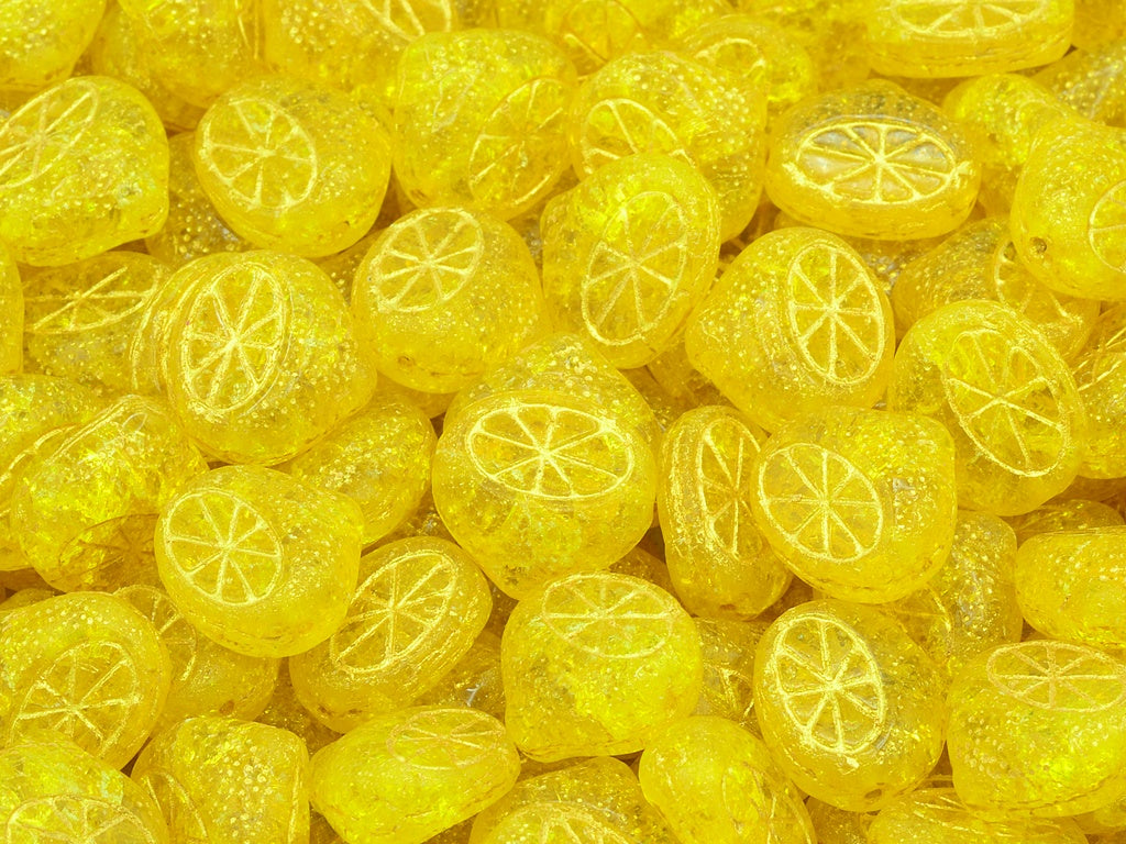 Flat Lemon Half Beads, Transparent Yellow Cracked Gold Lined (80010-85500-54302), Glass, Czech Republic