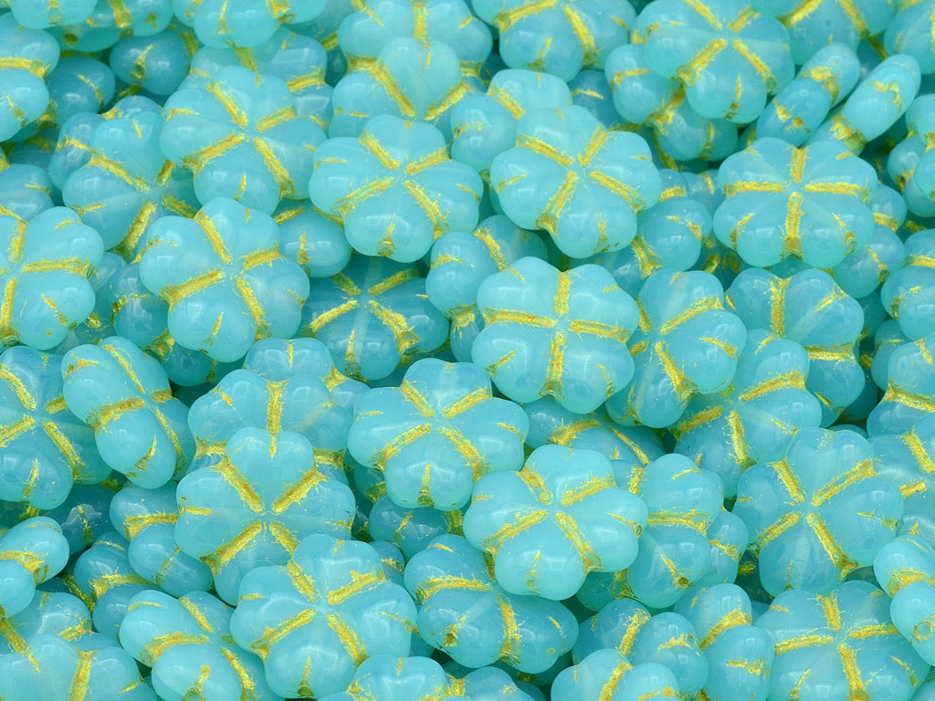 4-Leaf Clover Beads, Opal Aqua Gold Lined (61010-54302), Glass, Czech Republic