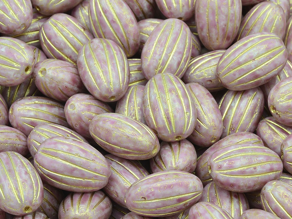 Olive Melon Beads, Chalk White Light Fuchsia Pink Gold Lined (03000-34306-54302), Glass, Czech Republic