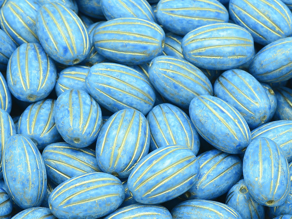 Olive Melon Beads, Chalk White Light Blue Gold Lined (03000-34307-54302), Glass, Czech Republic