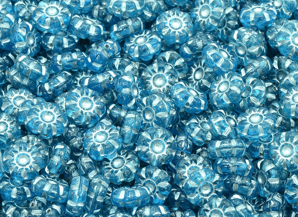 Flat Flower Beads, Transparent Aqua Silver Lined (60010-54201), Glass, Czech Republic