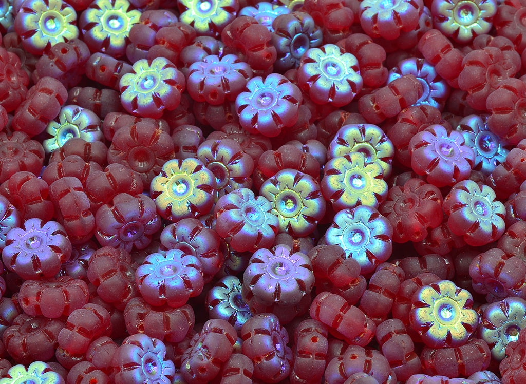 Flat Flower Beads, Ruby Red Matte Ab (90080-84110-28701), Glass, Czech Republic