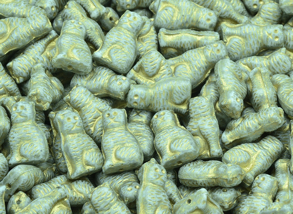 Sitting Cat Beads, Chalk White Light Gray Gold Lined (03000-34311-54302), Glass, Czech Republic