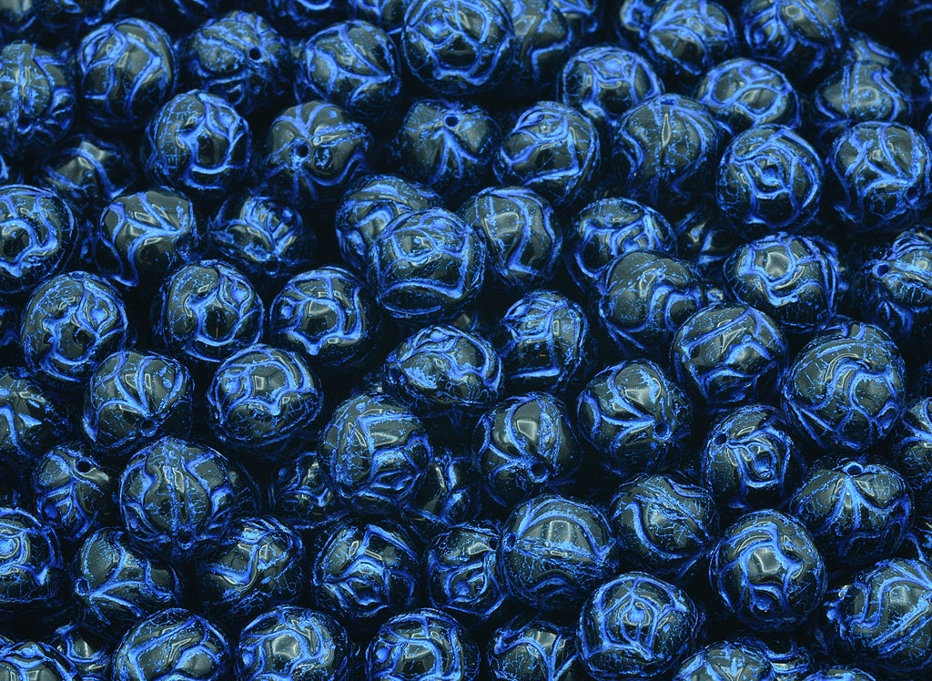 Round Rose Beads, Black Blue Lined (23980-43812), Glass, Czech Republic