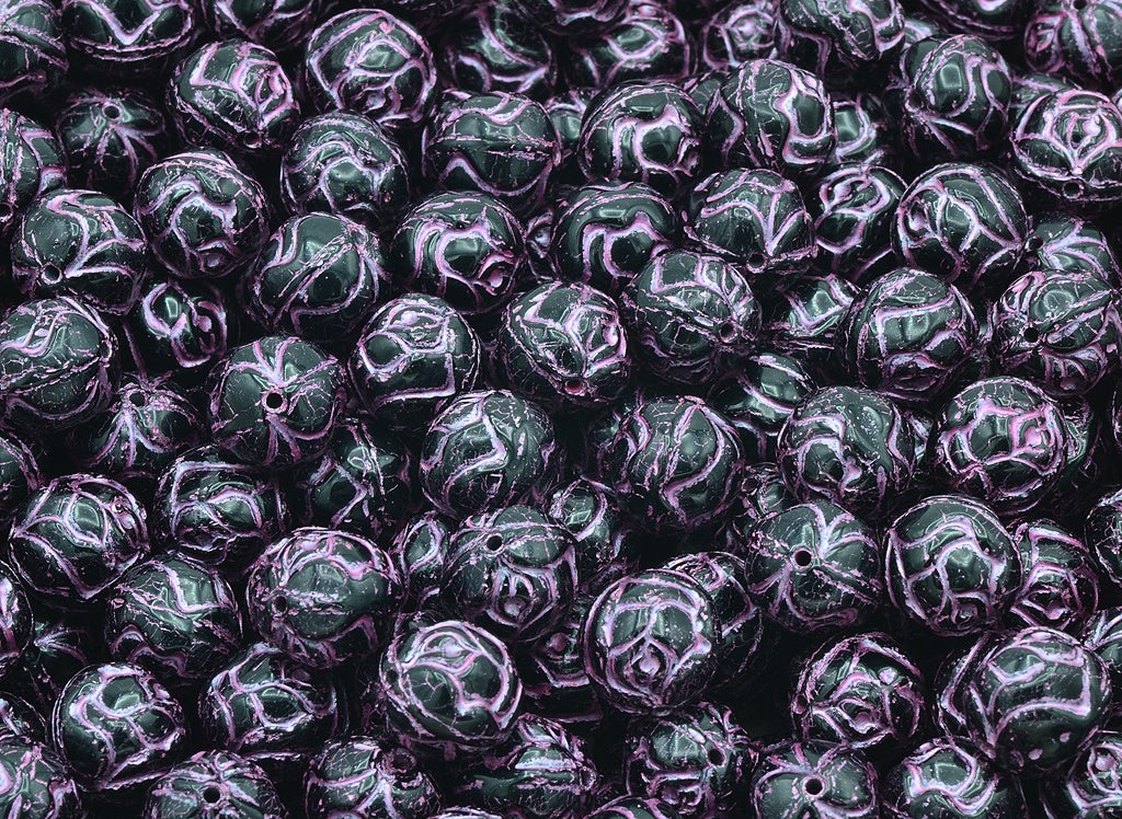 Round Rose Beads, Black Pink Lined (23980-54321), Glass, Czech Republic
