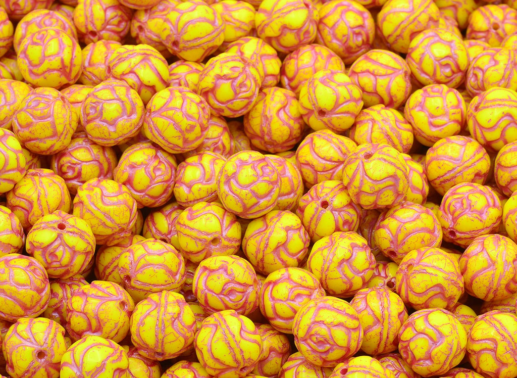 Round Rose Beads, Yellow Pink Lined (83120-54321), Glass, Czech Republic