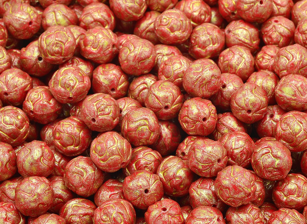 Round Rose Beads, Opaque Red Light Yellow (93200-34302), Glass, Czech Republic