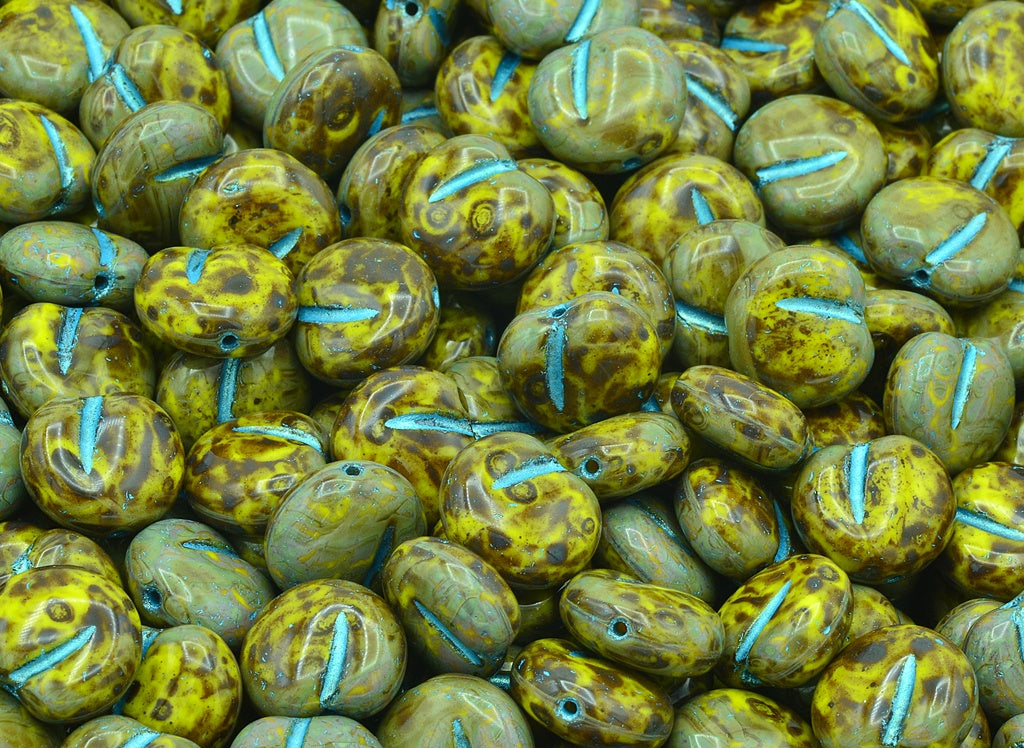 Apple Fruit Beads, Yellow Travertin Light Blue Lined (83120-86800-43811), Glass, Czech Republic