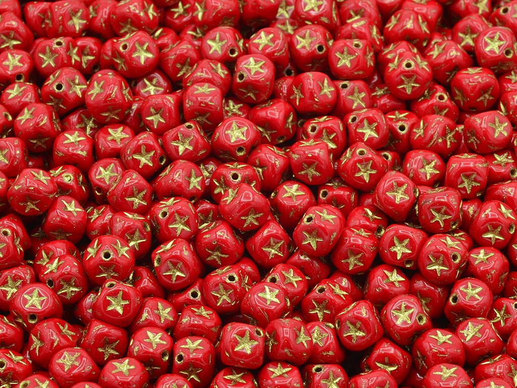 Cube Beads With Stars, Opaque Red Gold Lined (93200-54202), Glass, Czech Republic
