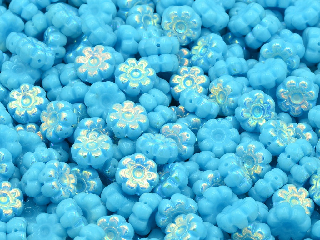 Flat Flower Beads, Blue Ab (63020-28701), Glass, Czech Republic