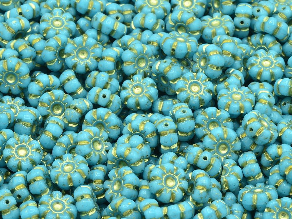 Flat Flower Beads, Blue Gold Lined (63020-54202), Glass, Czech Republic