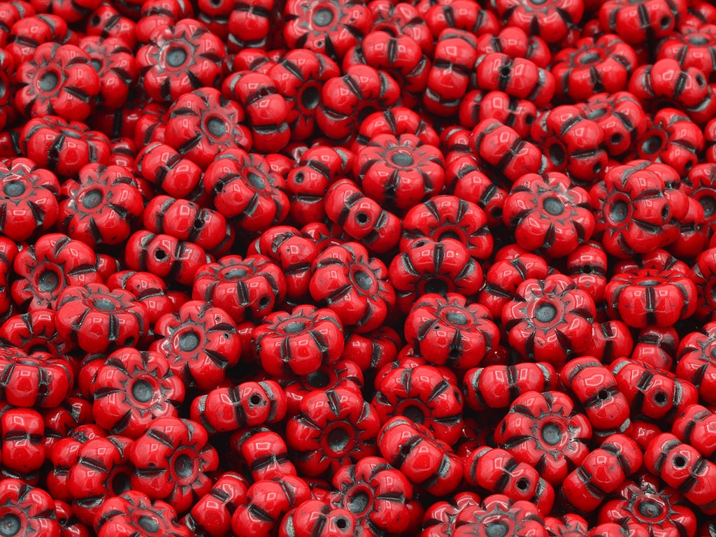 Flat Flower Beads, Opaque Red Blue Lined (93200-54325), Glass, Czech Republic