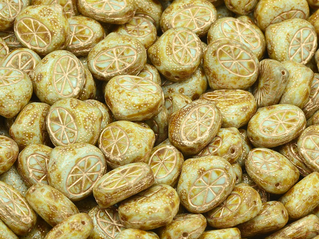Flat Lemon Half Beads, Chalk White Travertin Copper Lined (03000-86800-54307), Glass, Czech Republic