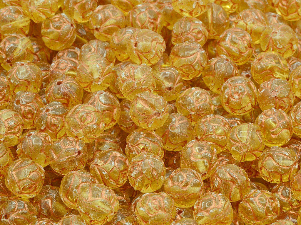 Round Rose Beads, Transparent Light Topaz Yellow Copper Lined (10020-54307), Glass, Czech Republic