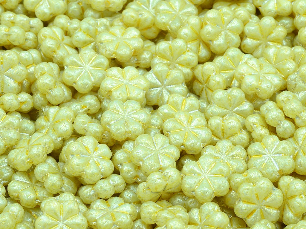 6 Petral Flower Beads, Chalk White Light Yellow Silver Gray (03000-34302-34301), Glass, Czech Republic