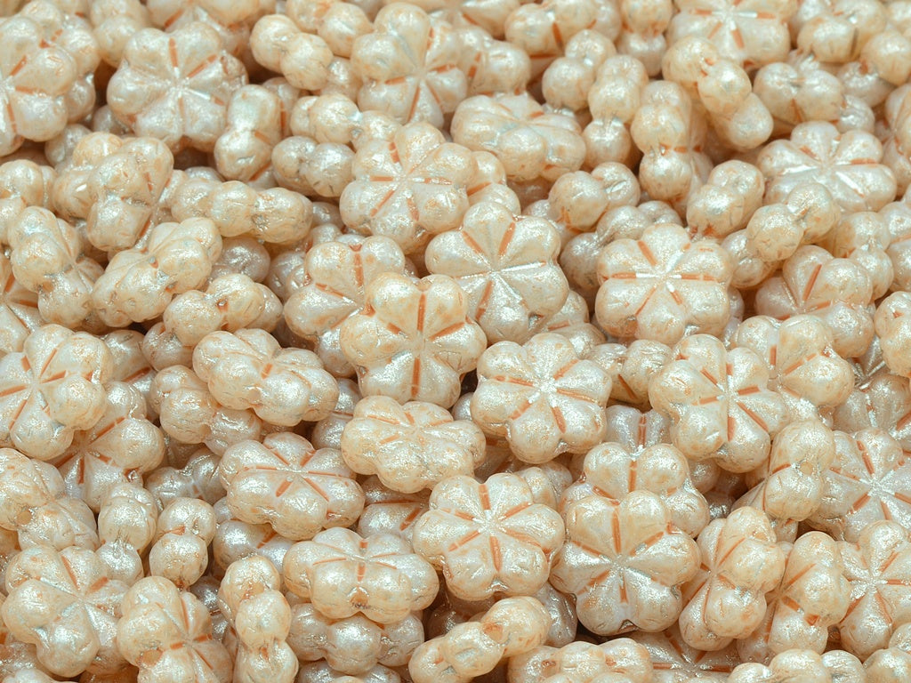 6 Petral Flower Beads, Chalk White Light Pink Peach Silver Gray (03000-34305-34301), Glass, Czech Republic