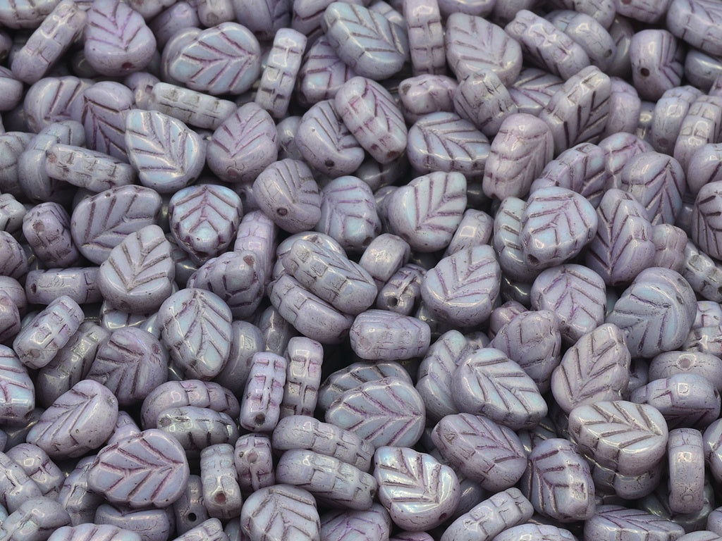 Mint Leaf Beads, Chalk White Purple (03000-15726), Glass, Czech Republic