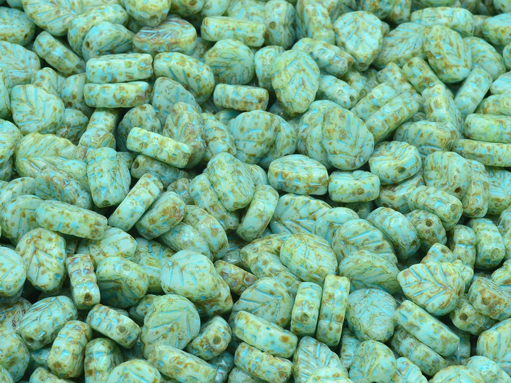 Mint Leaf Beads, Chalk White Travertin Turqouise Spotted (03000-86800-33309), Glass, Czech Republic