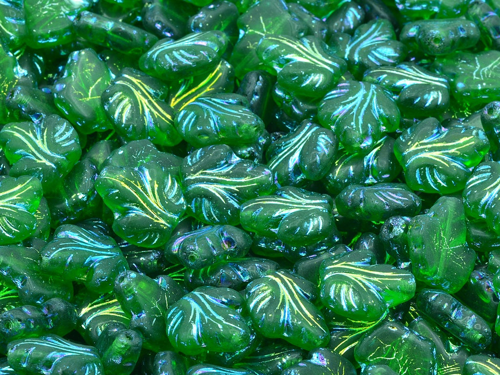 Grape Leaf Beads, Emerald Green Ab Full (2X Side) Matte (50120-28703-84110), Glass, Czech Republic