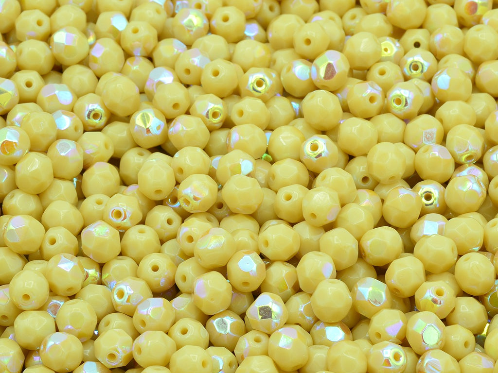 Faceted Round Fire Polished Beads, Beige Ab (13020-28701), Glass, Czech Republic