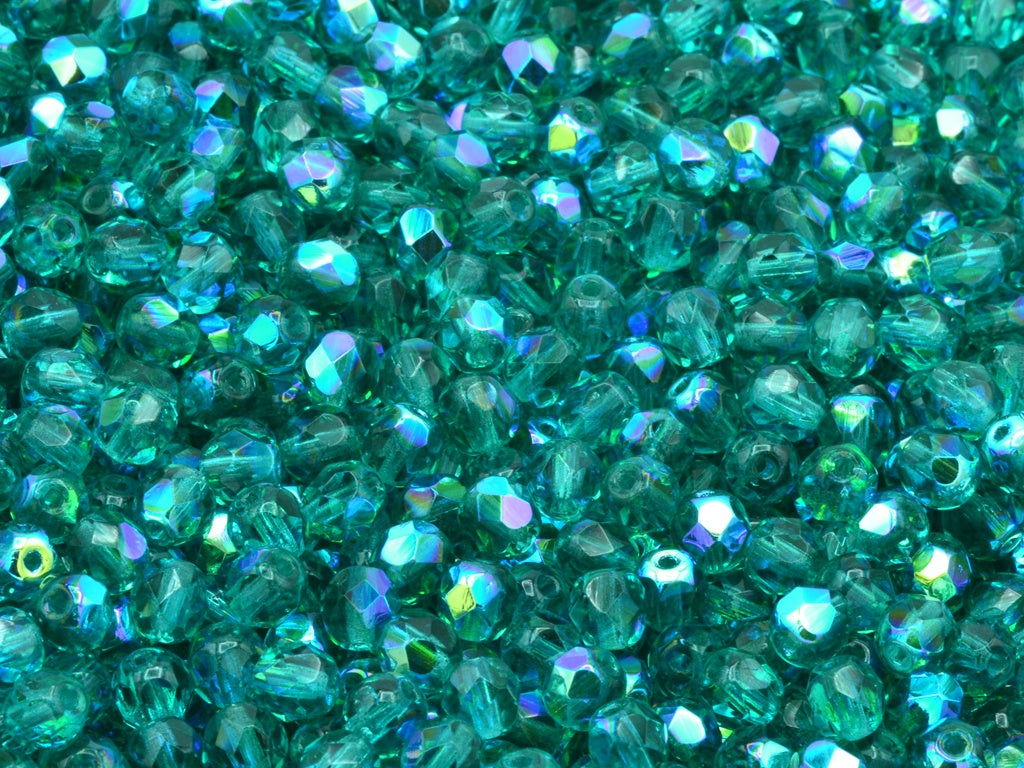 Faceted Round Fire Polished Beads, Transparent Aqua Ab (60220-28701), Glass, Czech Republic