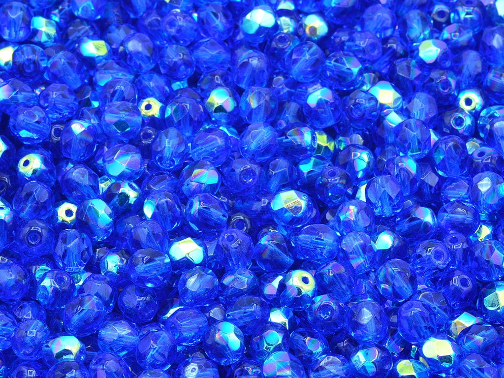 Faceted Round Fire Polished Beads, Transparent Aqua Ab (60310-28701), Glass, Czech Republic