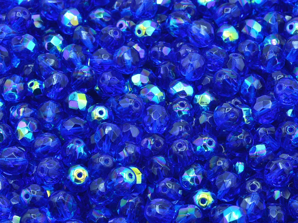 Faceted Round Fire Polished Beads, Transparent Aqua Ab (60320-28701), Glass, Czech Republic