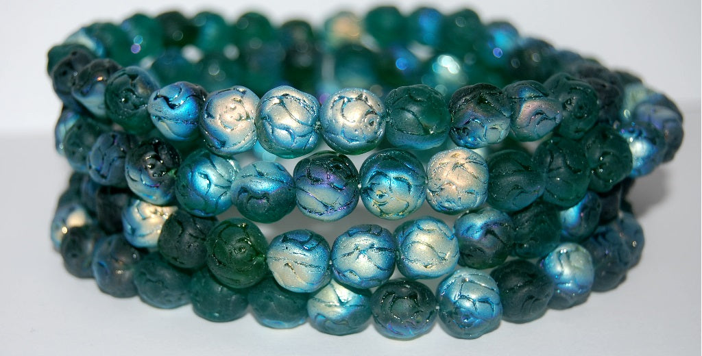 Round Rose Pressed Glass Beads, Transparent Green Emerald Abm (50150-ABM), Glass, Czech Republic ~ STRANDED