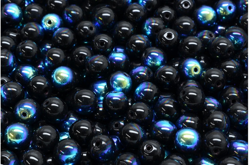 OUTLET 10 grams Round Druck Beads, 6 x 6 mm, Black Ab (23980-28701), Glass, Czech Republic