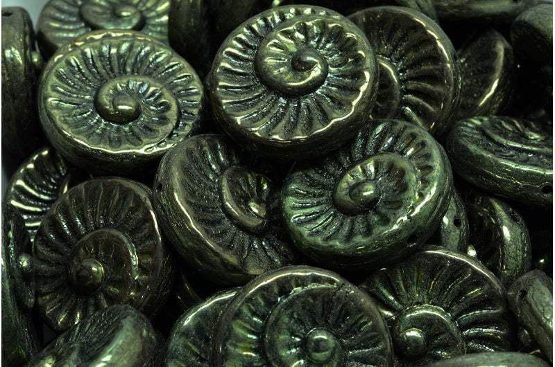 OUTLET 10 grams Fossil Shell Beads, 18 x 18 mm, Black Luster Red Full Coated (23980-14495), Glass, Czech Republic