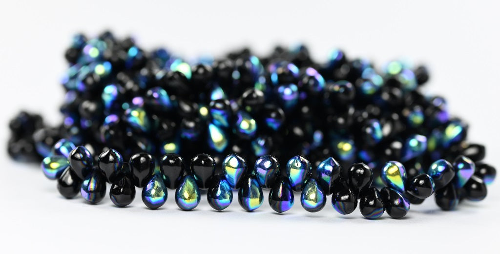OUTLET 10 grams Drop Beads, 4 x 5 mm, Black Ab (23980-AB), Glass, Czech Republic